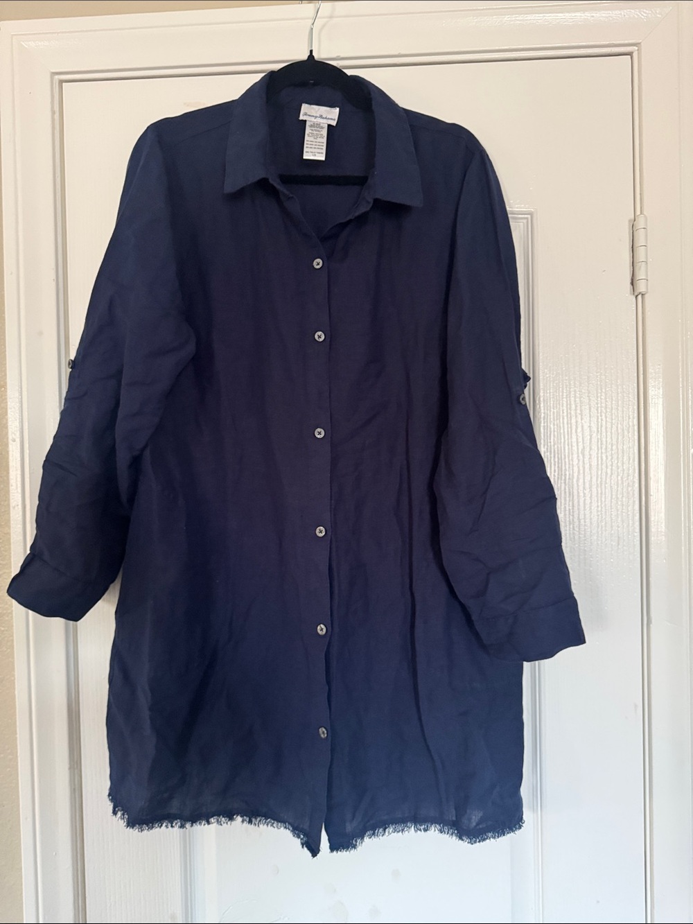 Tommy Bahama Navy Blue Button-Front Linen Blouse